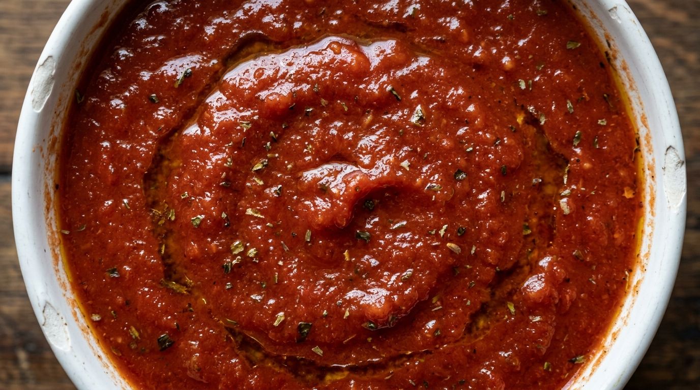 Thick homemade pizza sauce in a white ceramic bowl with herb flecks and olive oil sheen on dark oak wood.