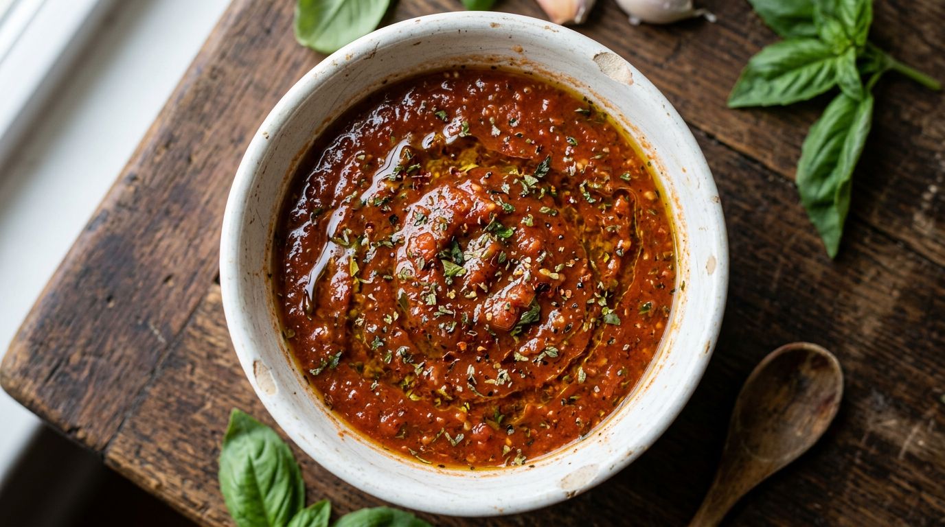 Homemade pizza sauce in a chipped white ceramic bowl on a dark oak surface