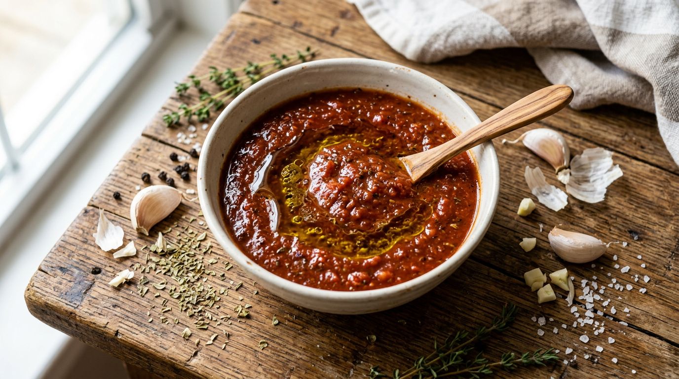 Homemade pizza sauce in a white ceramic bowl with garlic and oregano on a wooden surface