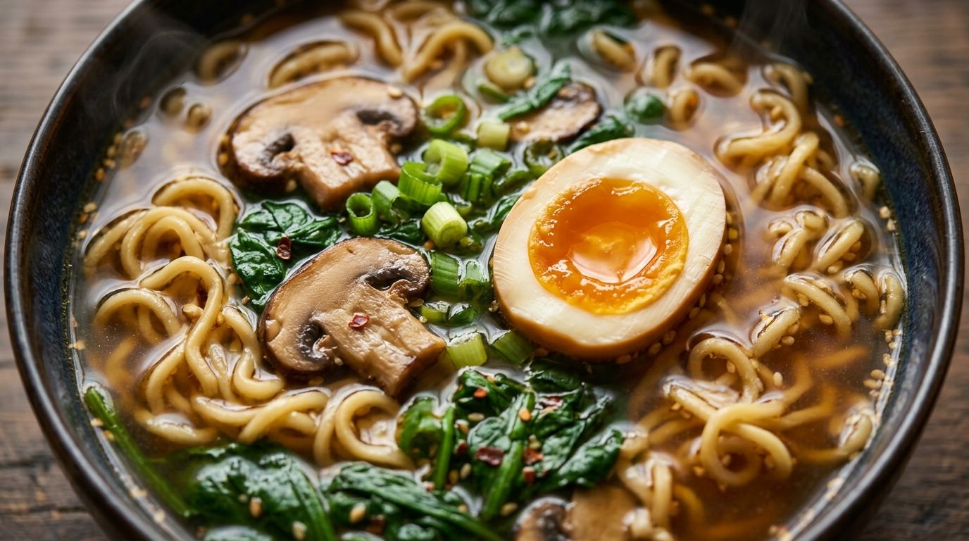 Homemade ramen bowl with miso broth, soft-boiled egg, mushrooms, and green onions