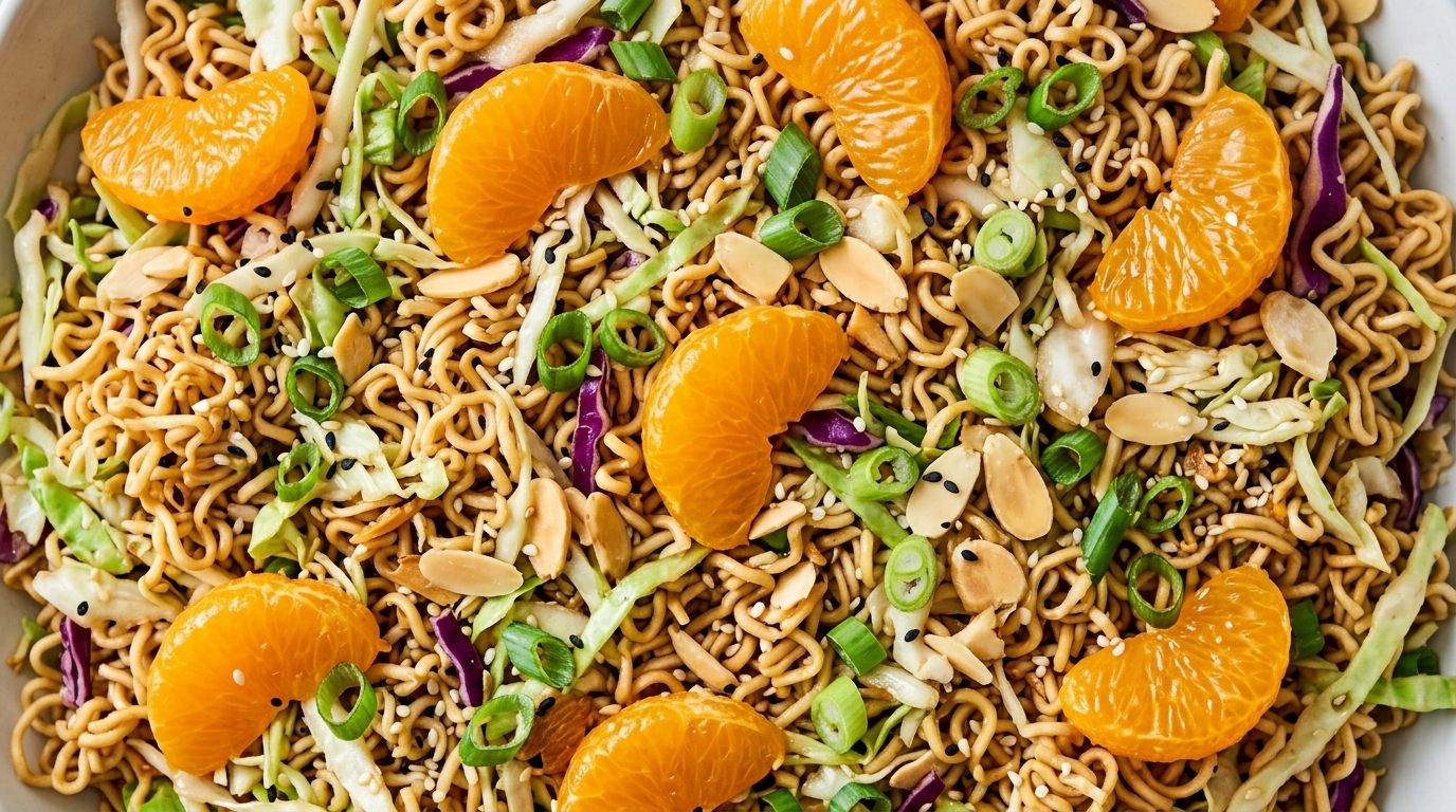Ramen noodle salad with toasted noodles, mandarin oranges, coleslaw, and sesame dressing in a white serving bowl