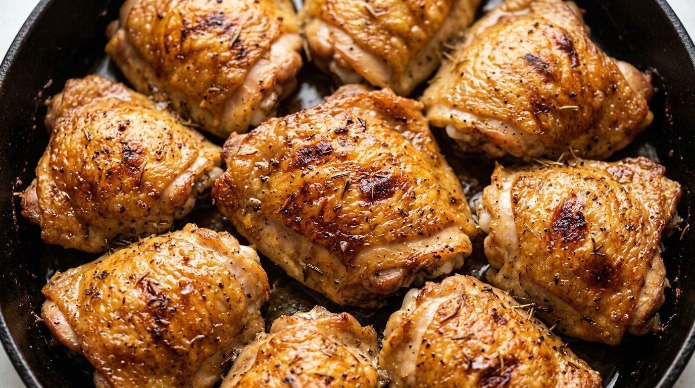 Crispy golden skin-on chicken thighs in a cast iron skillet with caramelized skin and rendered fat.