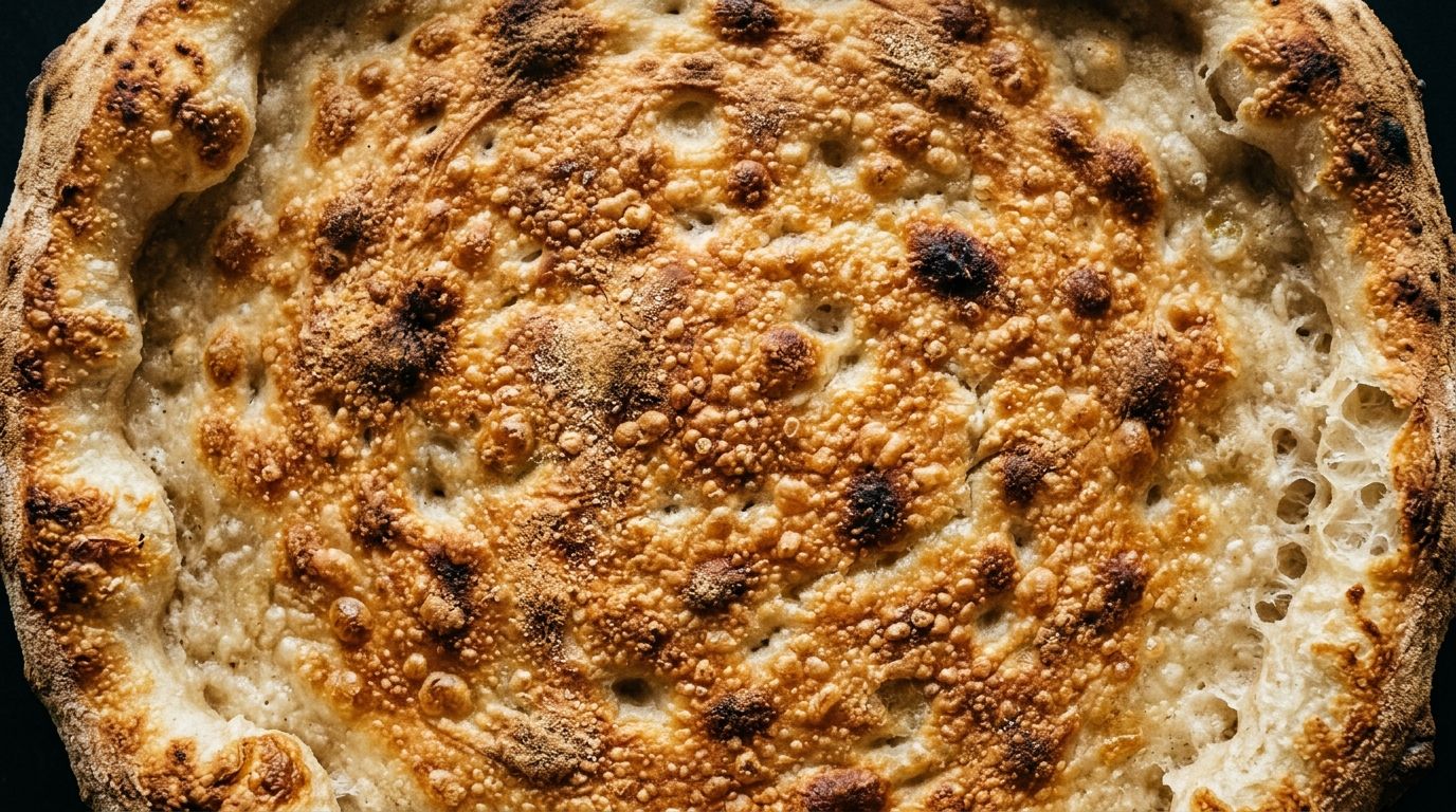 Golden par-baked sourdough pizza crust in a dark pan with dimpled surface and bubbly edges on a wood surface.
