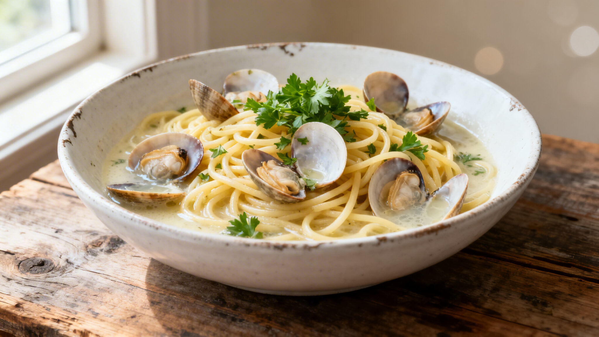 Spaghetti alle vongole with open clams in white wine broth