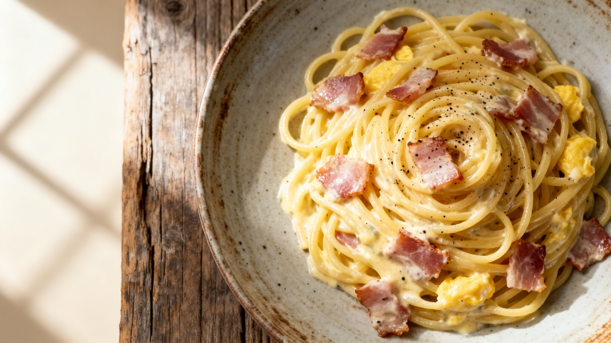 Spaghetti carbonara with glossy egg sauce and guanciale in a worn ceramic plate