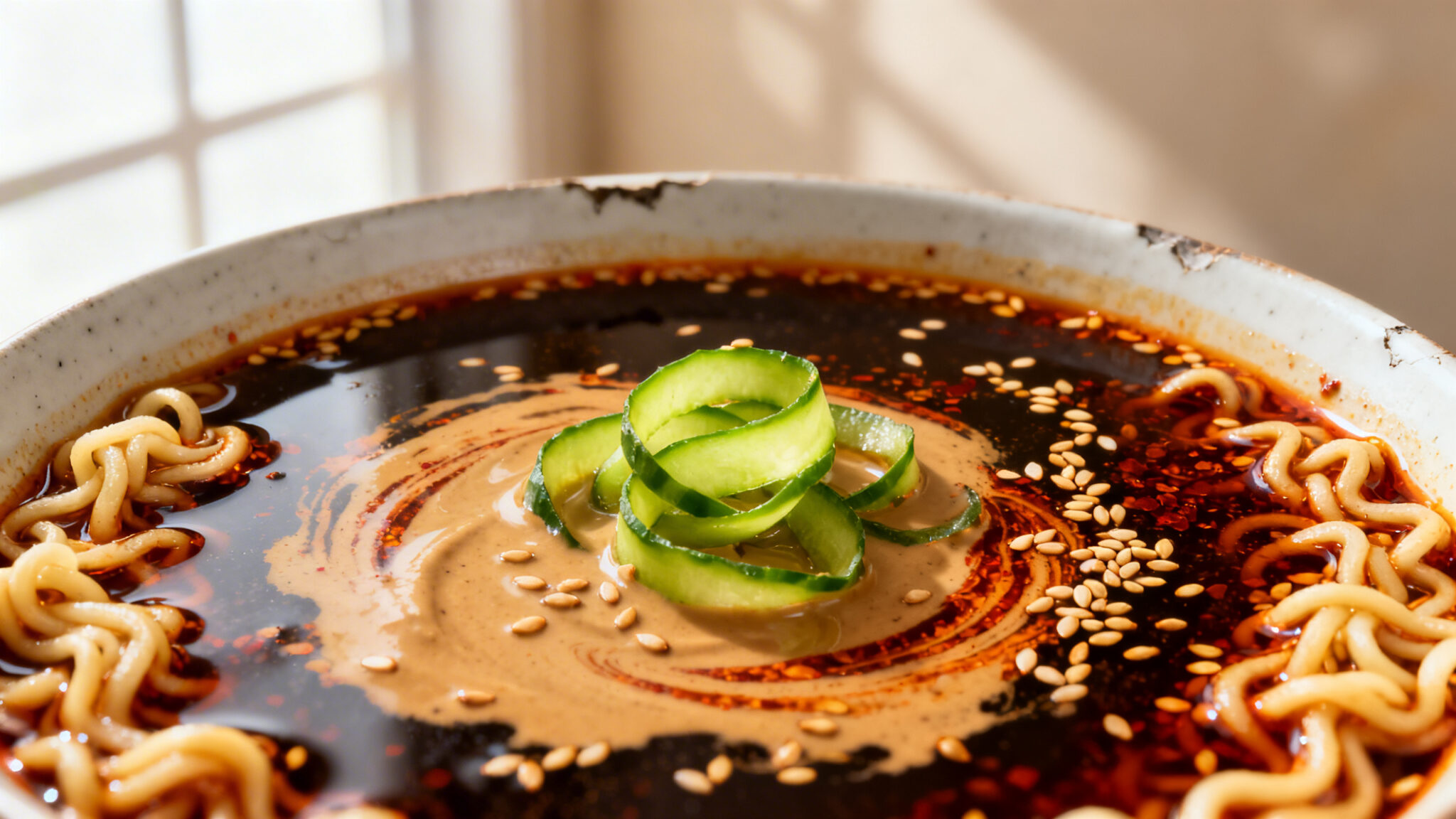 Overhead view of spicy sesame ramen in a white bowl with dark tahini broth, chili oil swirls, cucumber ribbons, and toasted sesame seeds.