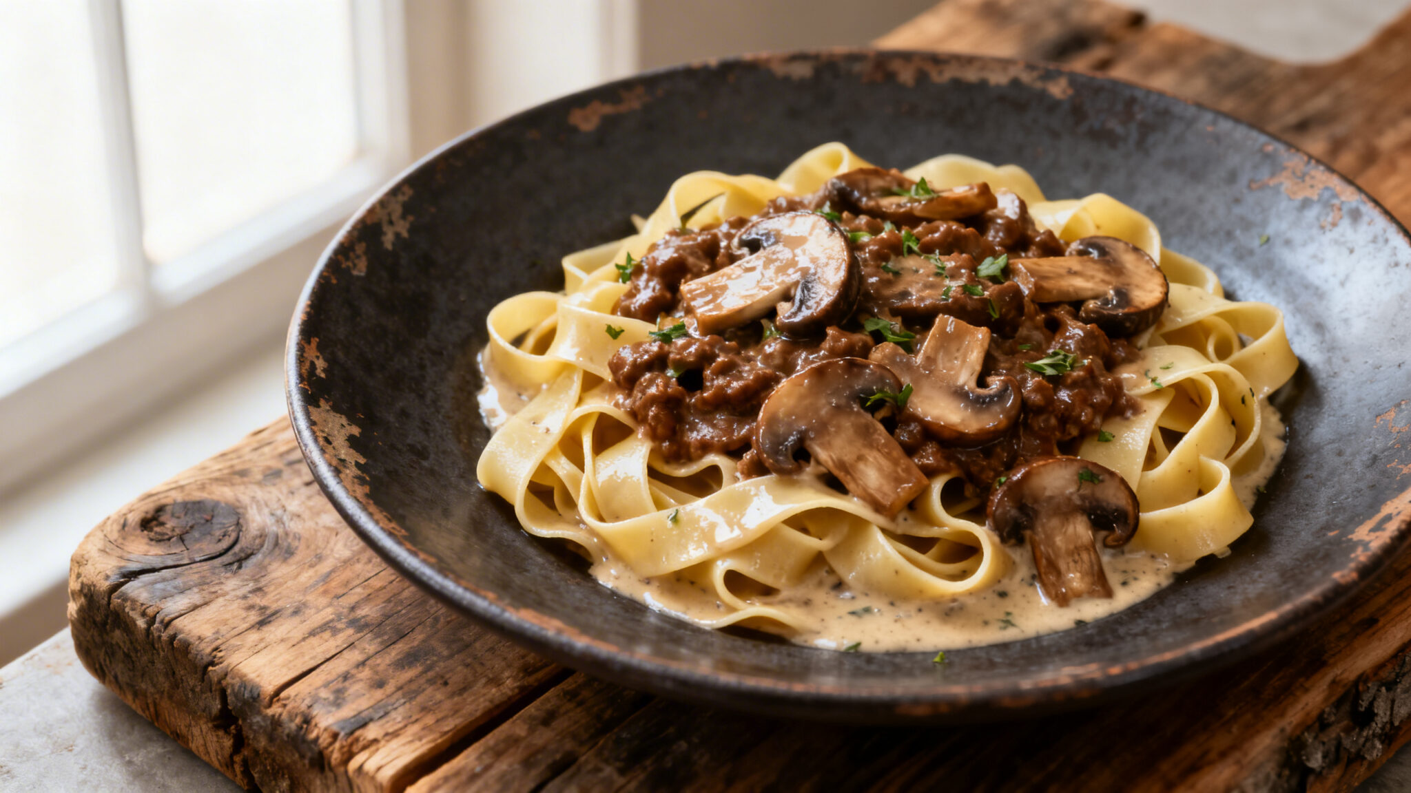 Tagliatelle with mushroom ragu in a glossy cream sauce on a dark ceramic plate