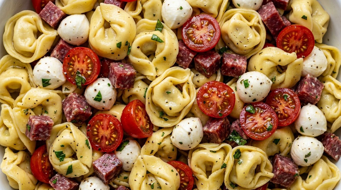 Tortellini pasta salad with mozzarella pearls, salami, and cherry tomatoes in Italian dressing