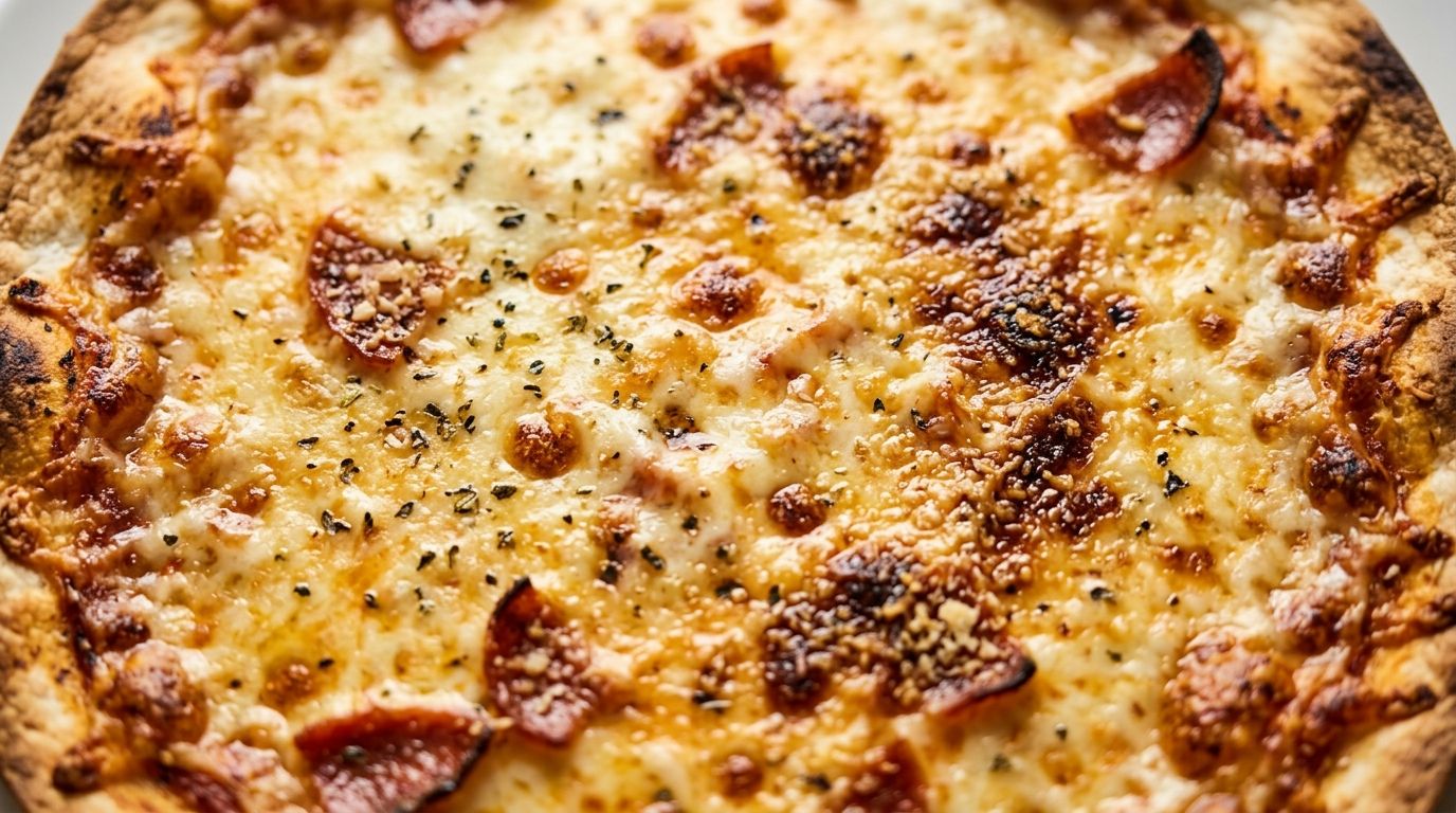 Homemade tortilla pizza with crispy browned edges and golden bubbling mozzarella on a dark oak board.