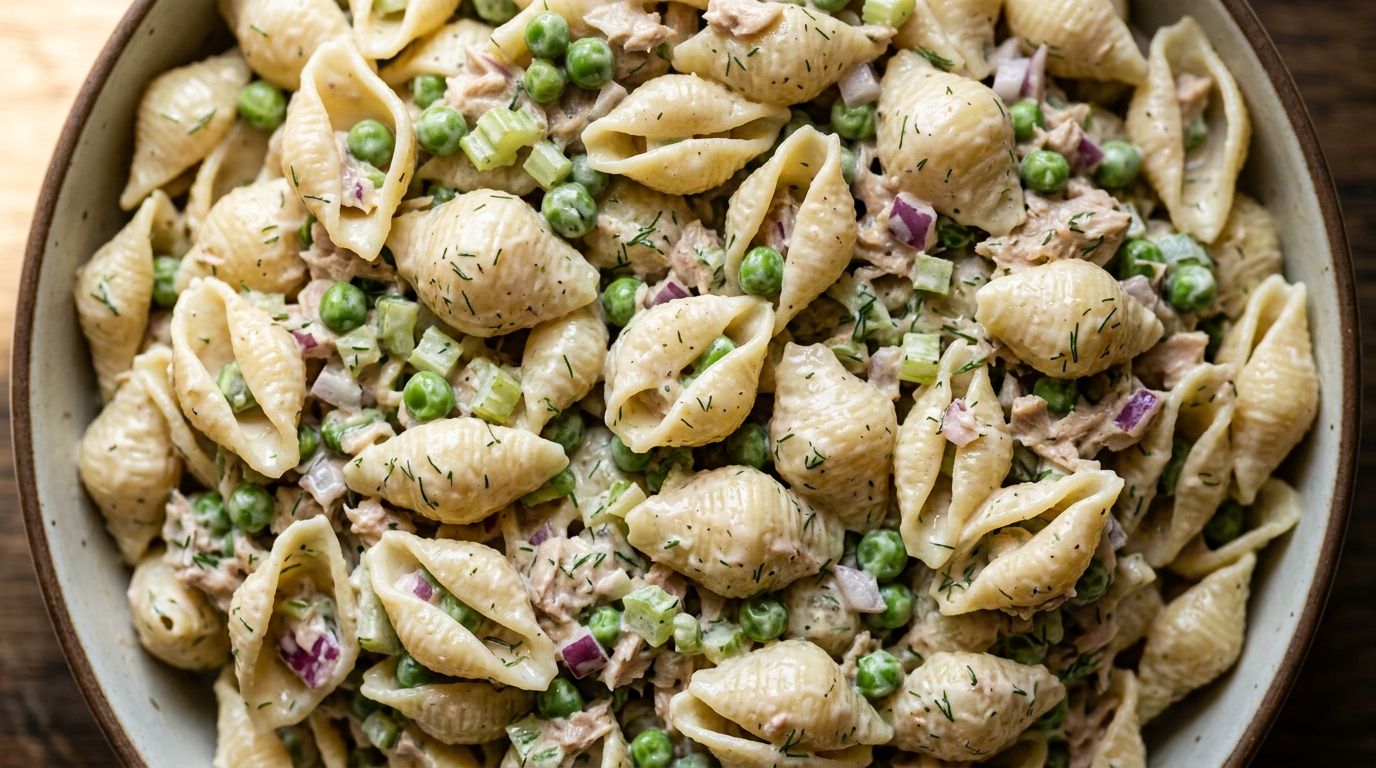 Overhead view of creamy tuna pasta salad with shell pasta, green peas, and celery in a white bowl on a dark wood surface.