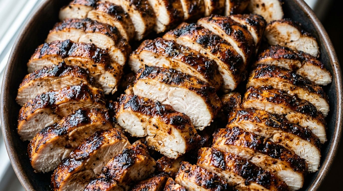 Air fryer bbq chicken breast sliced on a cutting board with caramelized BBQ sauce glaze