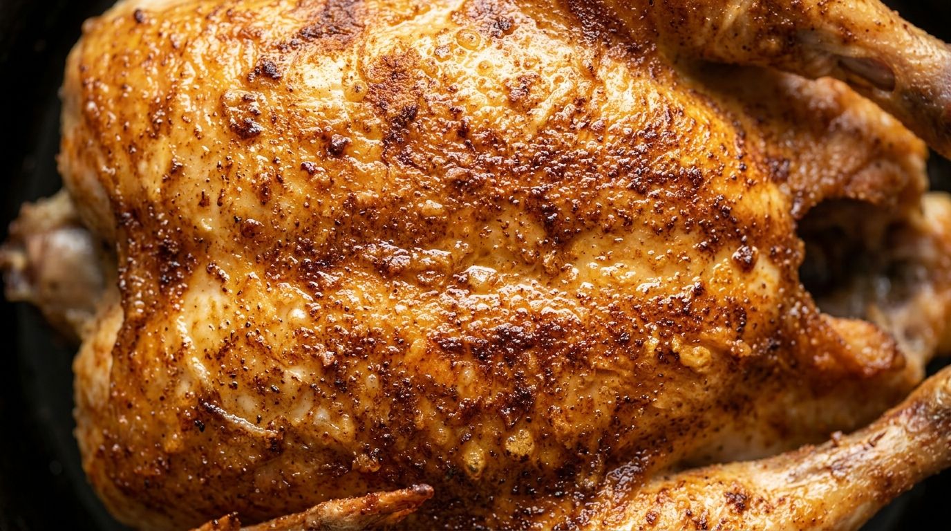 Two bone-in chicken breasts with crispy golden paprika skin resting in a cast-iron skillet on a dark oak surface.