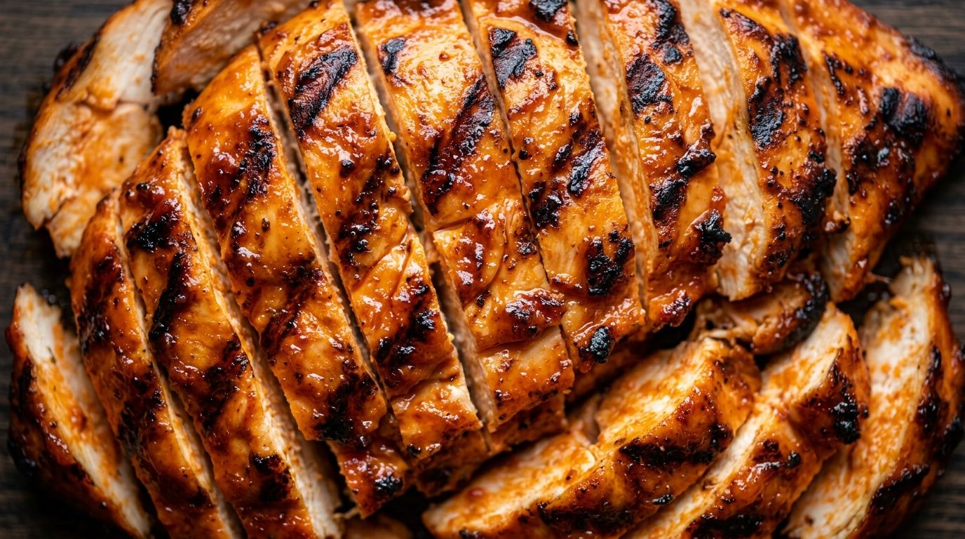 Air fryer buffalo chicken breast sliced on a dark oak board with caramelized orange-red buffalo glaze.
