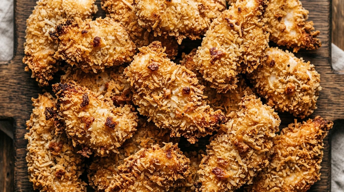 Crispy panko air fryer chicken breast sliced to show juicy interior with golden Parmesan crust on a dark wood board.