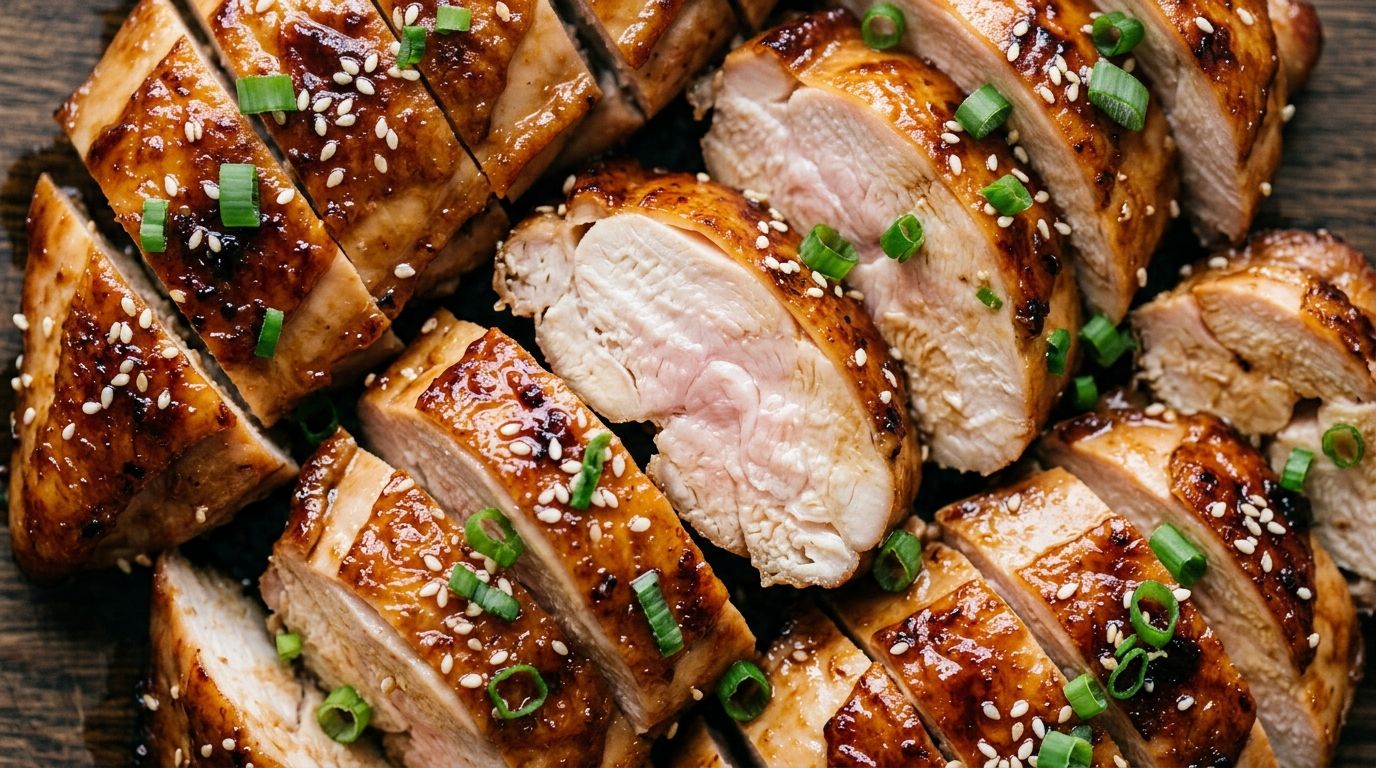 Air fryer teriyaki chicken breast sliced on a dark oak board with glossy glaze, sesame seeds, and green onions.