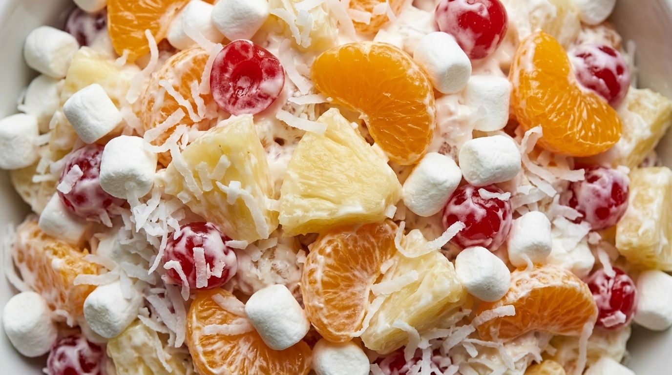 Ambrosia fruit salad in a clear bowl with pineapple chunks, mandarin oranges, maraschino cherries, coconut, and mini marshmallows.