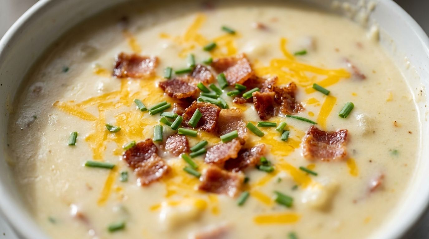 Creamy baked potato soup in a white bowl topped with crispy bacon, shredded cheddar, and sliced chives.