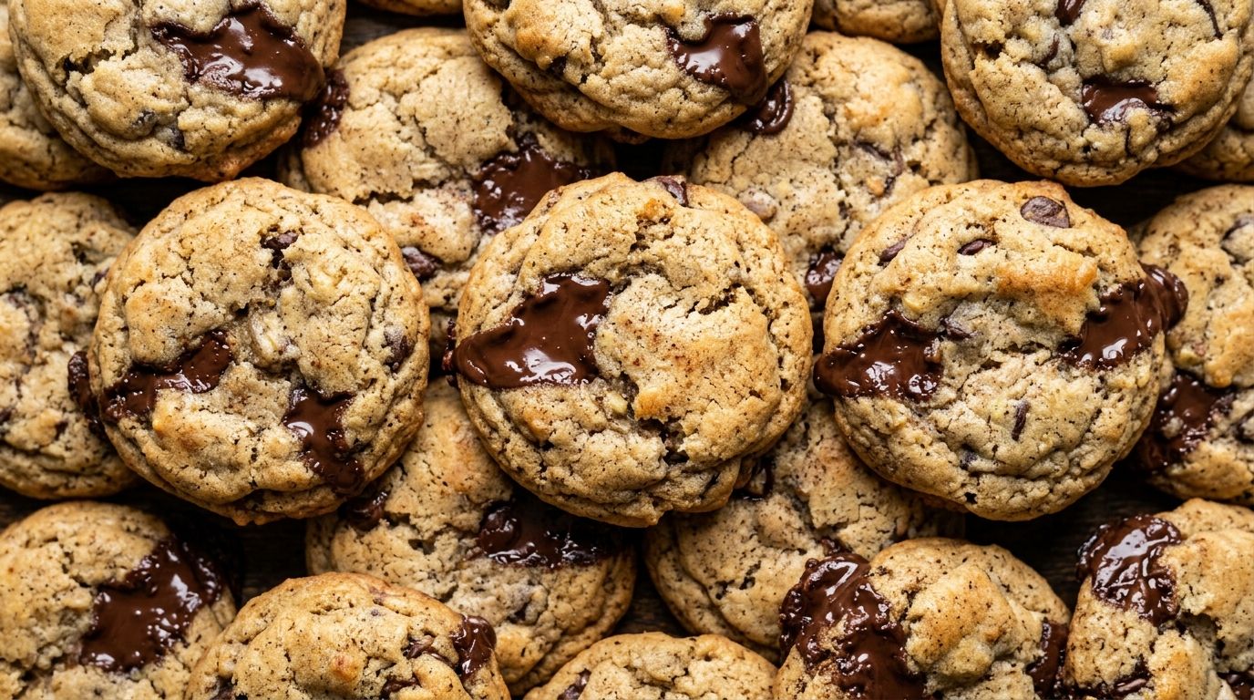 Soft banana bread cookies with chocolate chips on parchment paper on a dark oak surface.