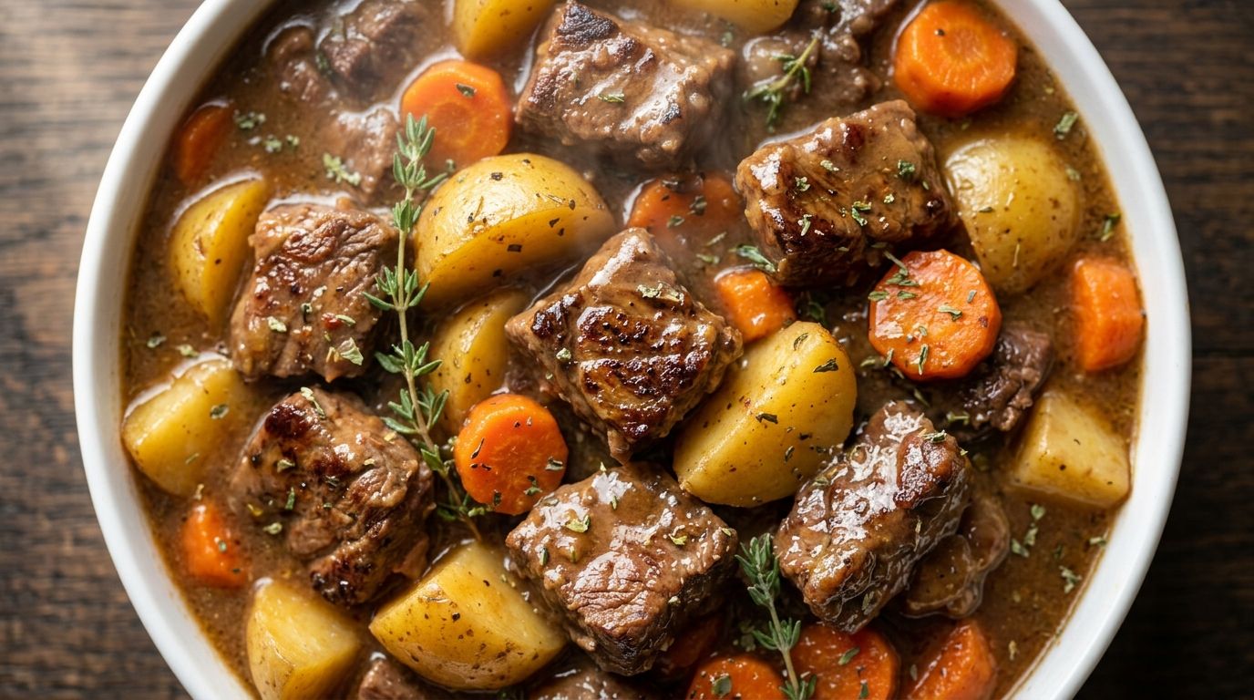 Hearty beef stew with tender chuck, golden potatoes, and carrots in a thick brown gravy