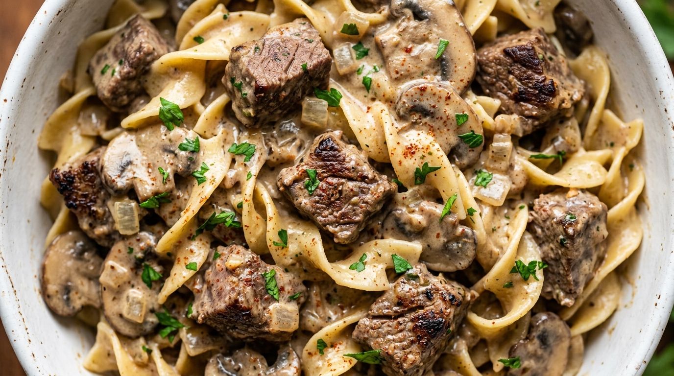 Overhead view of creamy beef stroganoff with mushrooms over wide egg noodles in a white bowl, garnished with parsley.