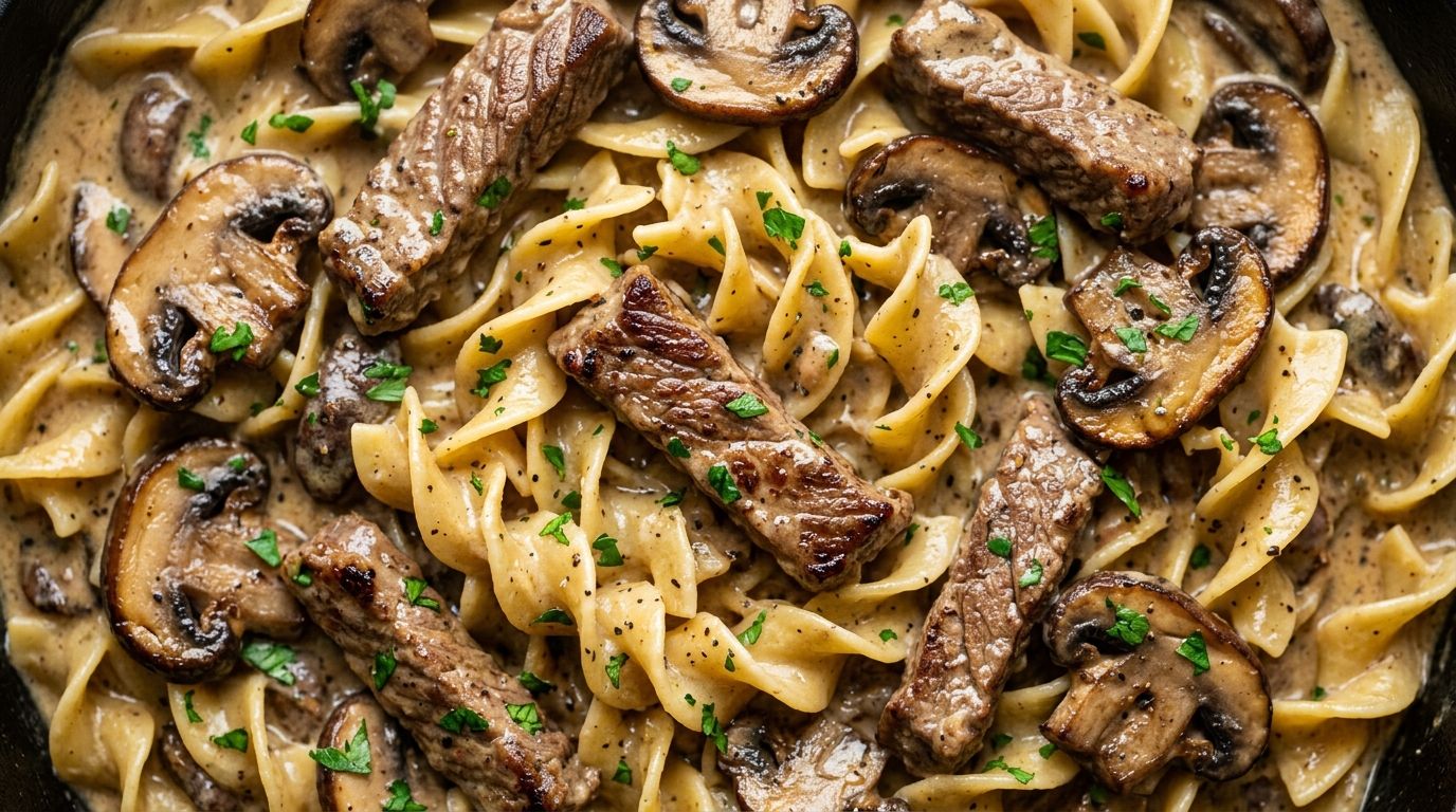 Overhead view of creamy beef stroganoff with sirloin strips, mushrooms, and parsley over wide egg noodles in a dark skillet.