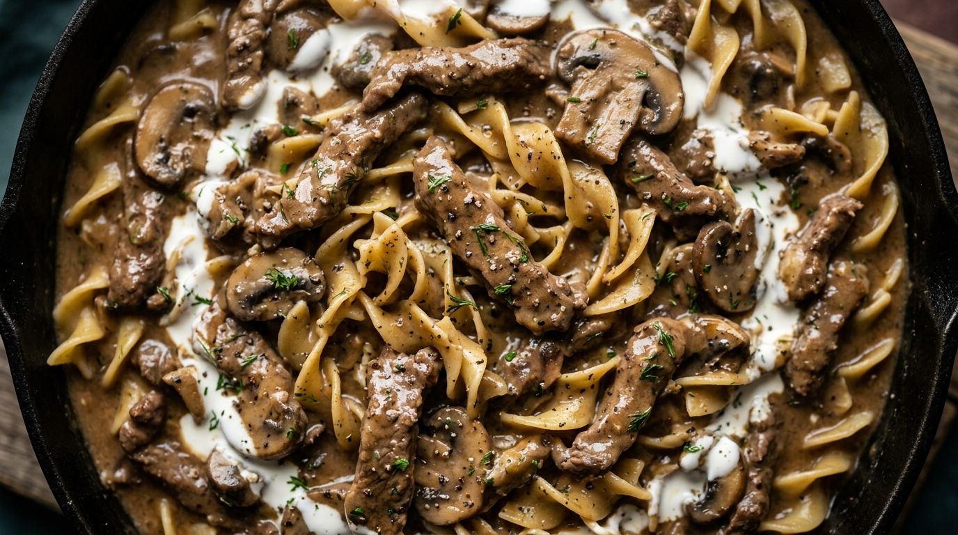 Creamy beef stroganoff with mushrooms and egg noodles in a cast-iron skillet on a wooden board.