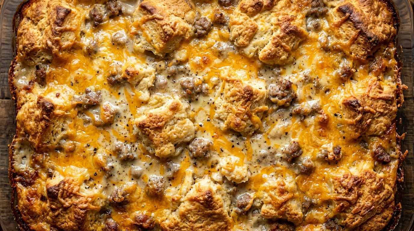 Biscuits and gravy breakfast casserole with golden bubbling cheddar, sausage, and biscuit pieces in a baking dish.