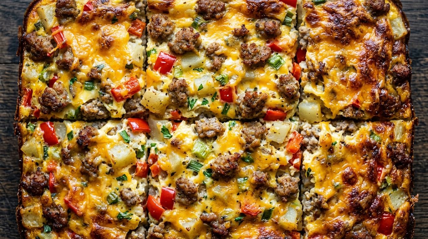 Sliced breakfast casserole with melted cheddar, turkey sausage, potatoes, and red bell pepper in a baking dish