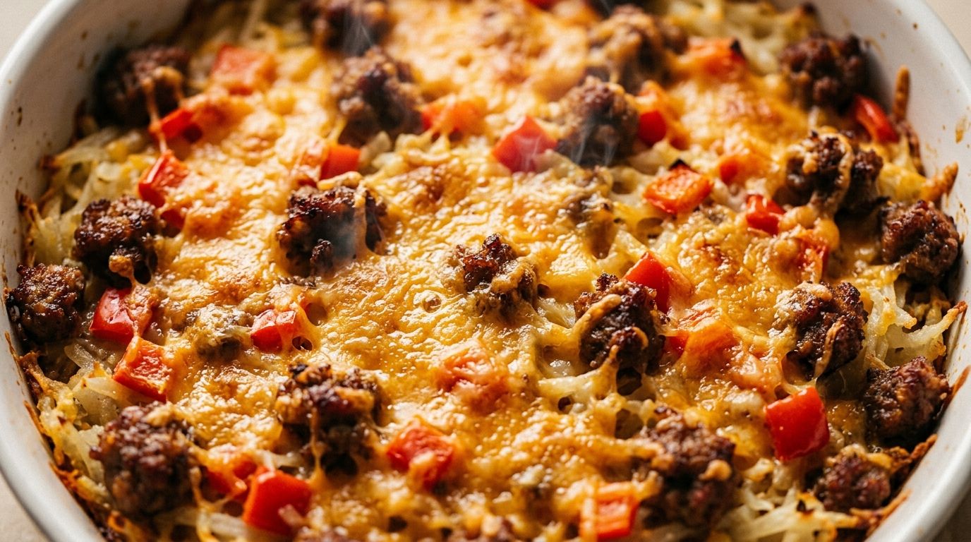Breakfast casserole with hashbrowns, sausage, and melted cheddar in a white baking dish.