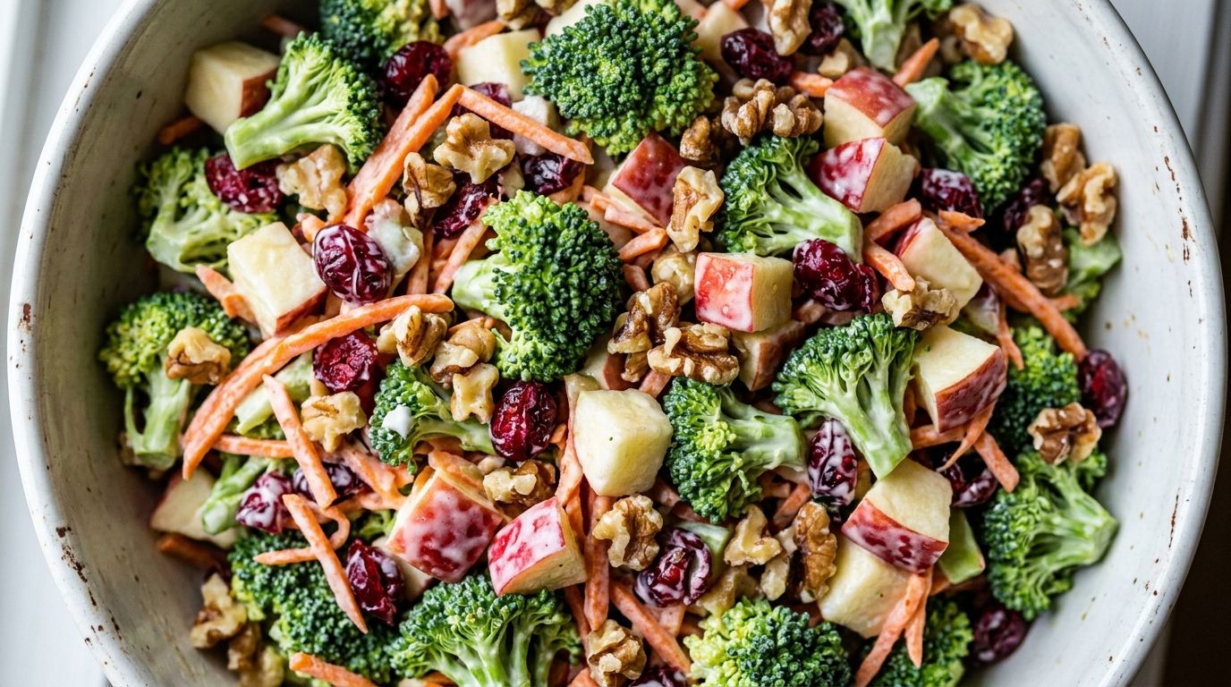 Broccoli apple salad in a white bowl with carrots, cranberries, walnuts, and creamy dressing.