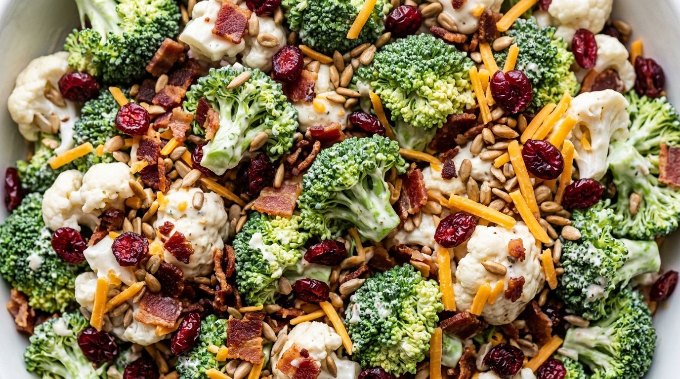 Broccoli cauliflower salad in a white bowl with bacon, cheddar, sunflower seeds, and creamy dressing.