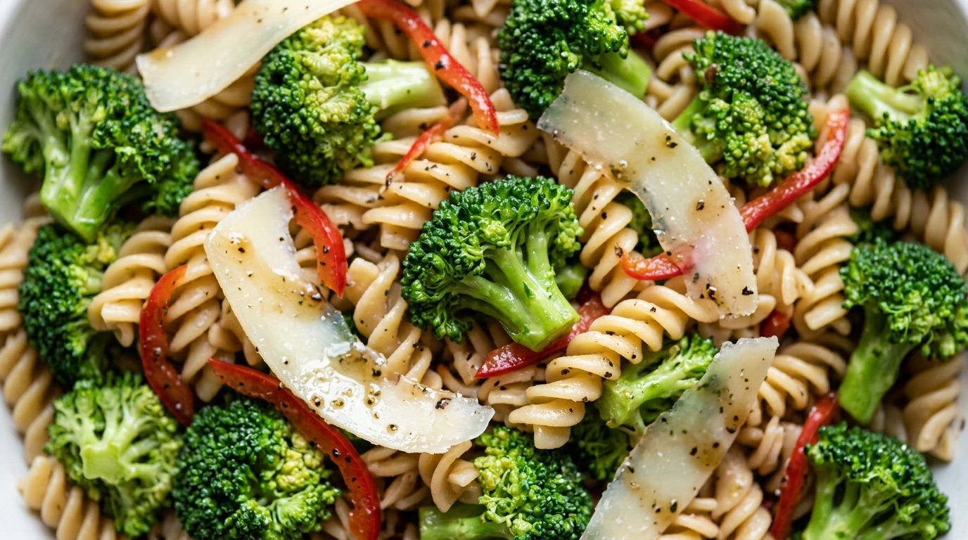 Broccoli pasta salad with rotini, parmesan shavings, roasted red peppers, and fresh parsley in a white bowl.