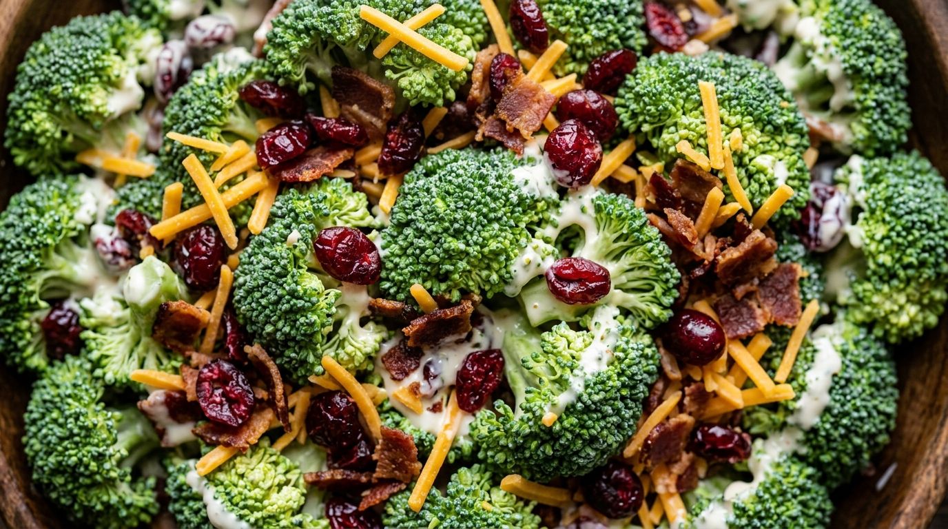 Overhead close-up of broccoli salad with crisp broccoli florets, bacon, cheddar, dried cranberries, and creamy dressing in a white bowl.