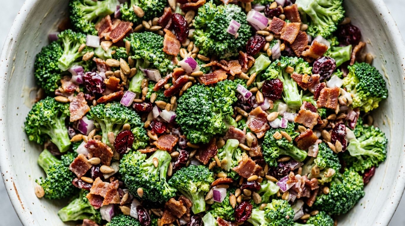 Overhead view of broccoli salad with bacon, dried cranberries, sunflower seeds, and cheddar in a white bowl.
