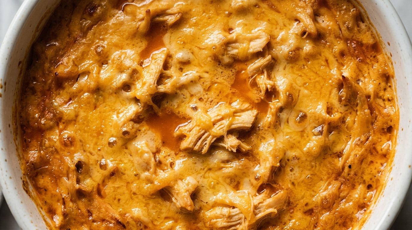 Crockpot buffalo chicken dip in a slow cooker insert with golden melted cheddar on top