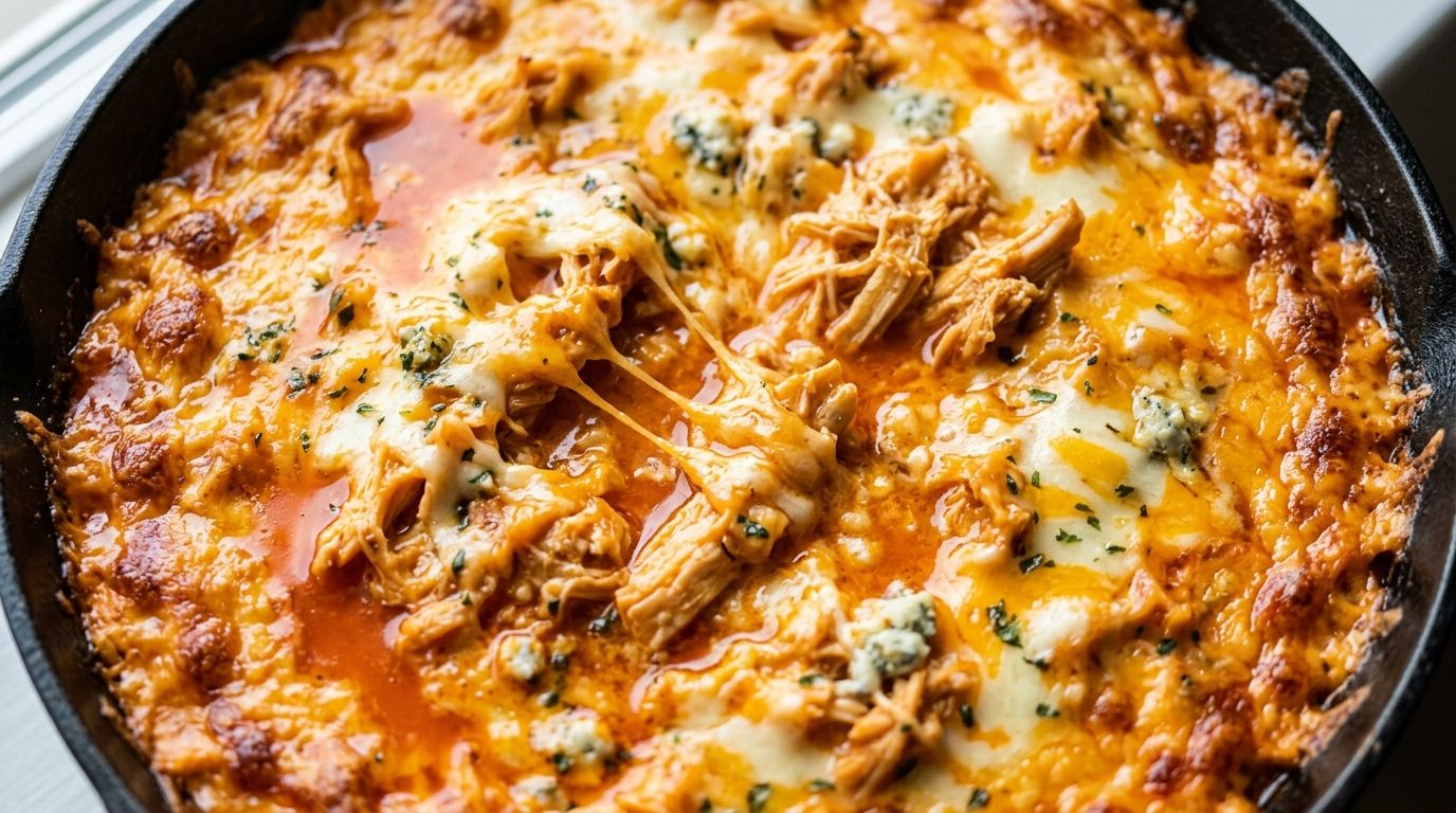 Oven baked buffalo chicken dip in a cast iron skillet with melted cheddar and orange buffalo sauce bubbling on top.