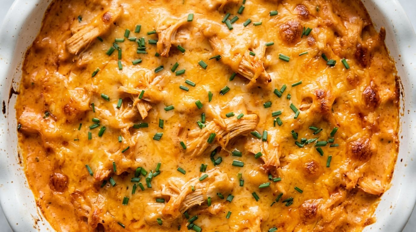 Creamy buffalo chicken dip with melted cheddar and chives in a baking dish