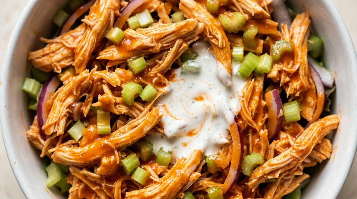 Buffalo chicken salad in a white bowl with orange buffalo sauce, celery, and a swirl of ranch dressing.