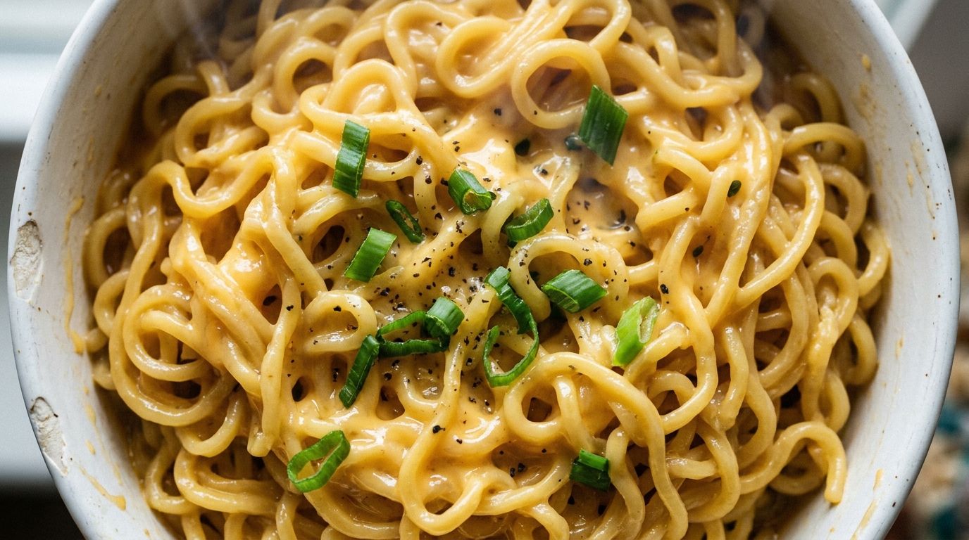 Bowl of cheesy ramen with melted American cheese coating golden noodles, topped with green onion on a white ceramic bowl.
