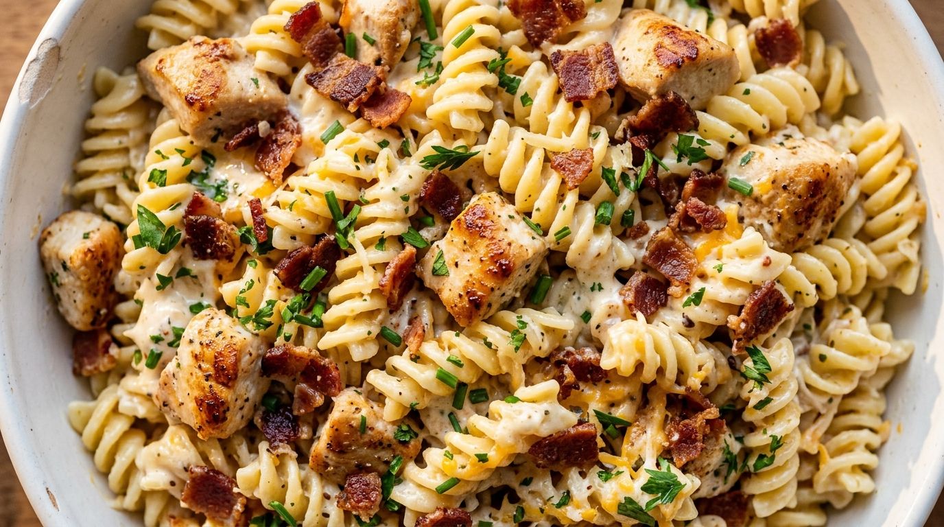 Creamy chicken bacon ranch pasta with rotini, crispy bacon, and cheddar in a white ceramic bowl.