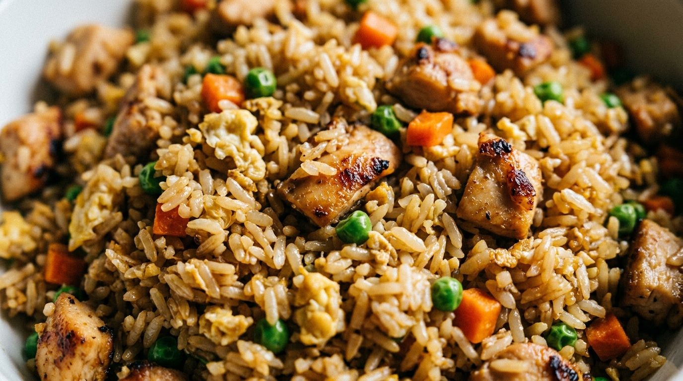 Chicken fried rice in a skillet with scrambled eggs, peas, carrots, green onions, and golden soy sauce coating the rice.