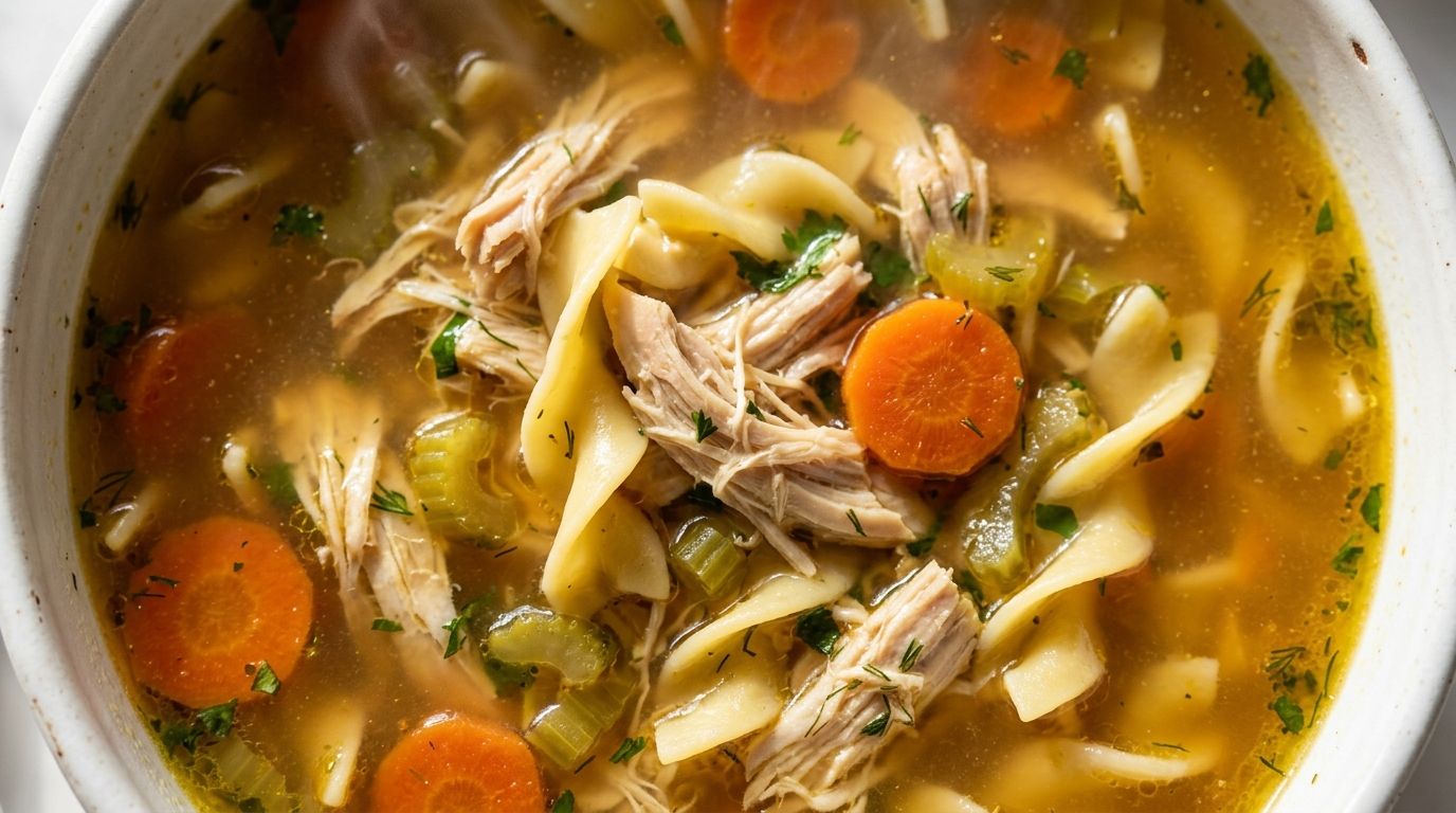 Chicken noodle soup with shredded chicken, egg noodles, carrots, and celery in a white ceramic bowl.