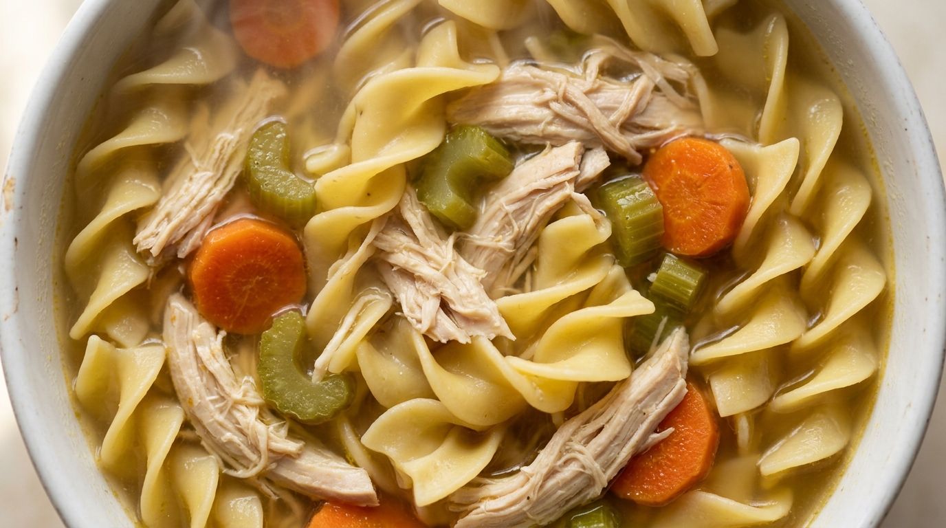 Chicken noodle soup with wide egg noodles, shredded chicken, carrots, and celery in a white bowl.