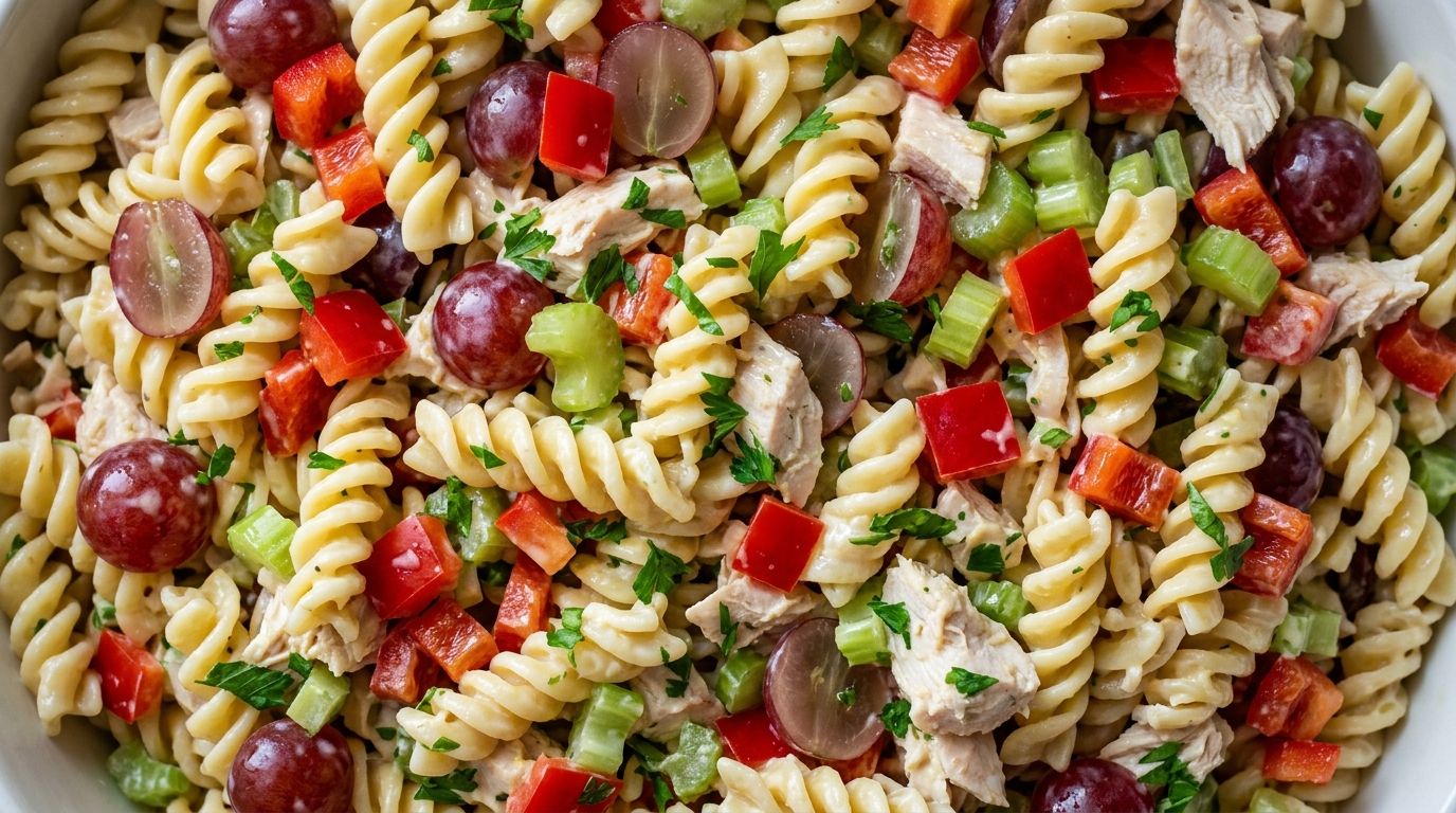 Chicken pasta salad with fusilli, grapes, red bell pepper, and celery in a large white bowl.