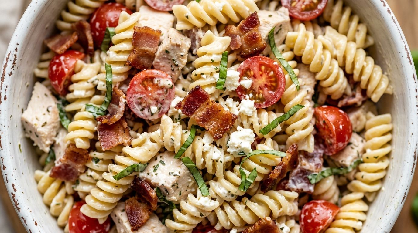 Rotini chicken pasta salad with cherry tomatoes, bacon crumbles, feta, and basil in a white ceramic bowl overhead view.