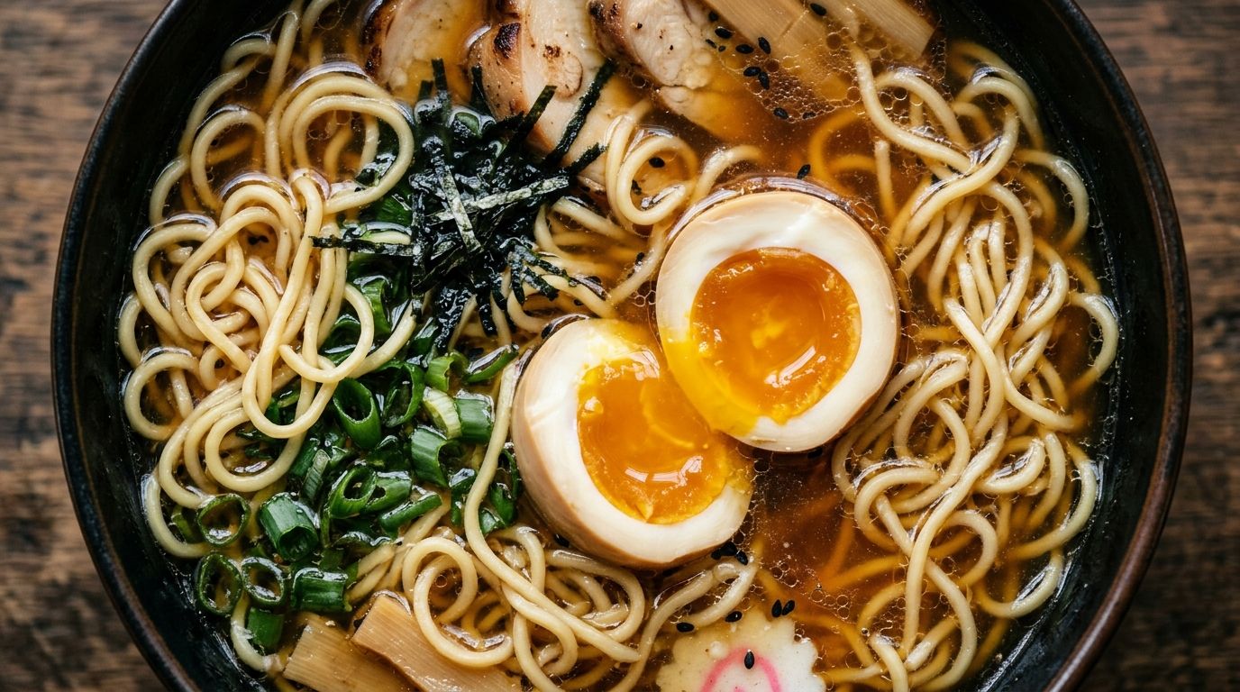 A bowl of chicken ramen with noodles, soft-boiled egg, and glossy amber broth topped with sliced green onions.