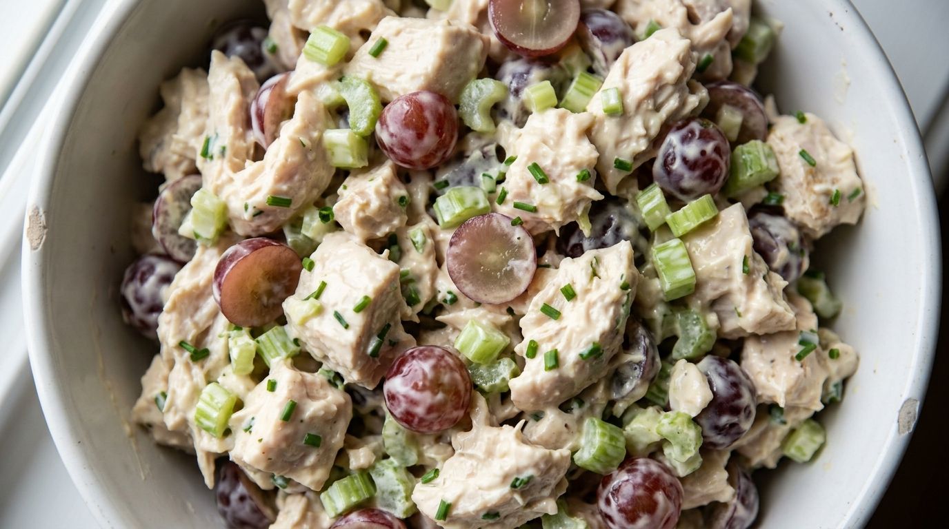 Classic chicken salad with red grapes, celery, and chives in a white ceramic bowl on a dark wood surface.