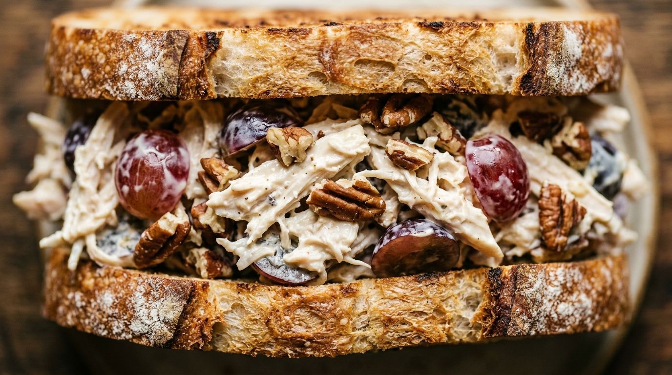 Shredded chicken salad with grapes and pecans piled high on toasted sourdough bread