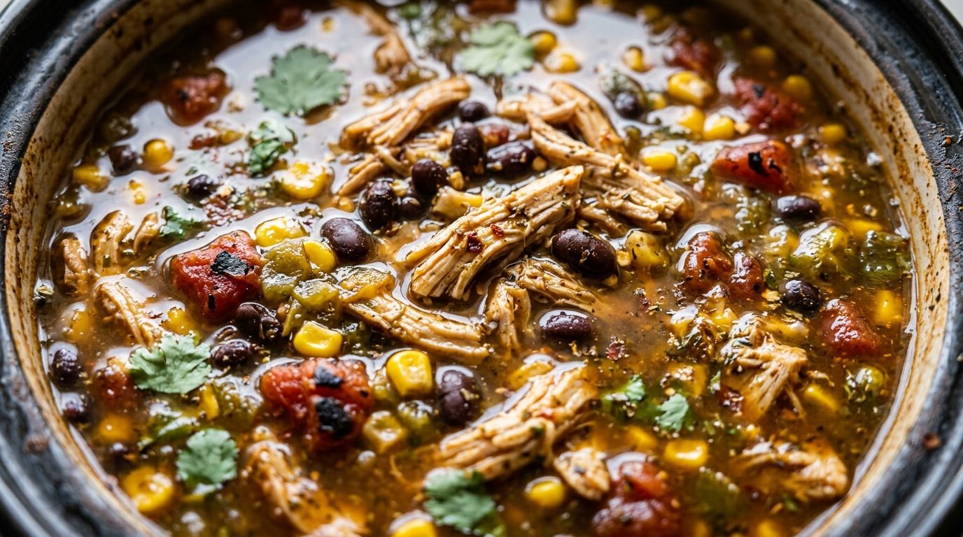 Crockpot chicken taco soup in a bowl topped with shredded cheese, sour cream, and tortilla chips.