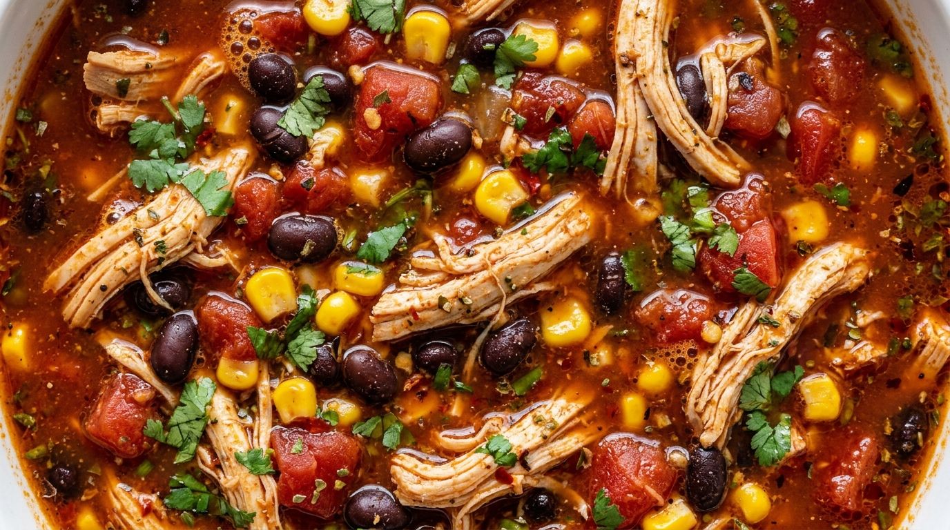 Overhead view of chicken taco soup in a Dutch oven with shredded chicken, black beans, corn, and tomatoes in a red broth.